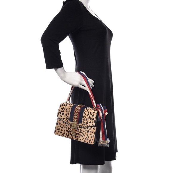 💯% Auth GUCCI Leather Bag - Sylvie Calf Hair Harako Leopard Print Shoulder Bag - Picture 15 of 17